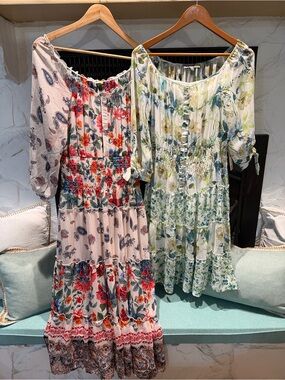 2 Smocked Floral Maxi Dress in Red & Green - Boho Tiered Style